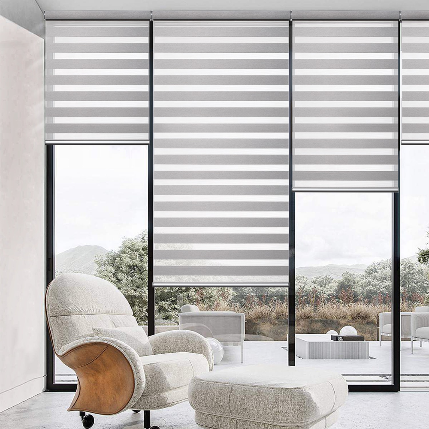 Lounge with floor-to-ceiling zebra blinds